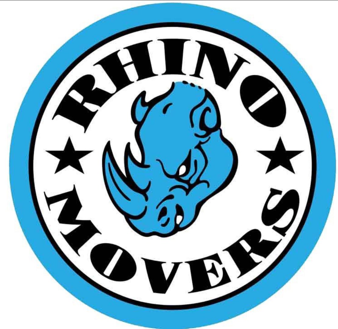 Blue and black logo for "Rhino Movers" featuring a stylized rhinoceros head surrounded by stars.