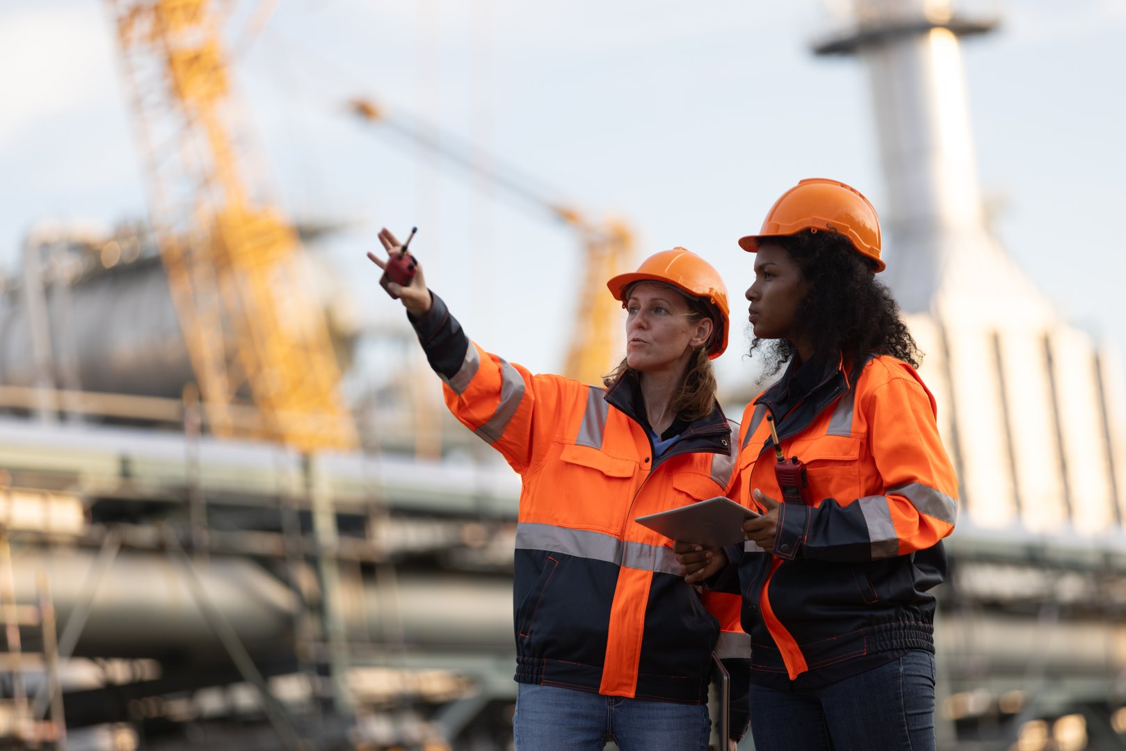 Two brilliant female engineers engaged in a dynamic discussion at a bustling refinery plant in the heart of the industry. Embracing diversity and driving innovation in engineering.