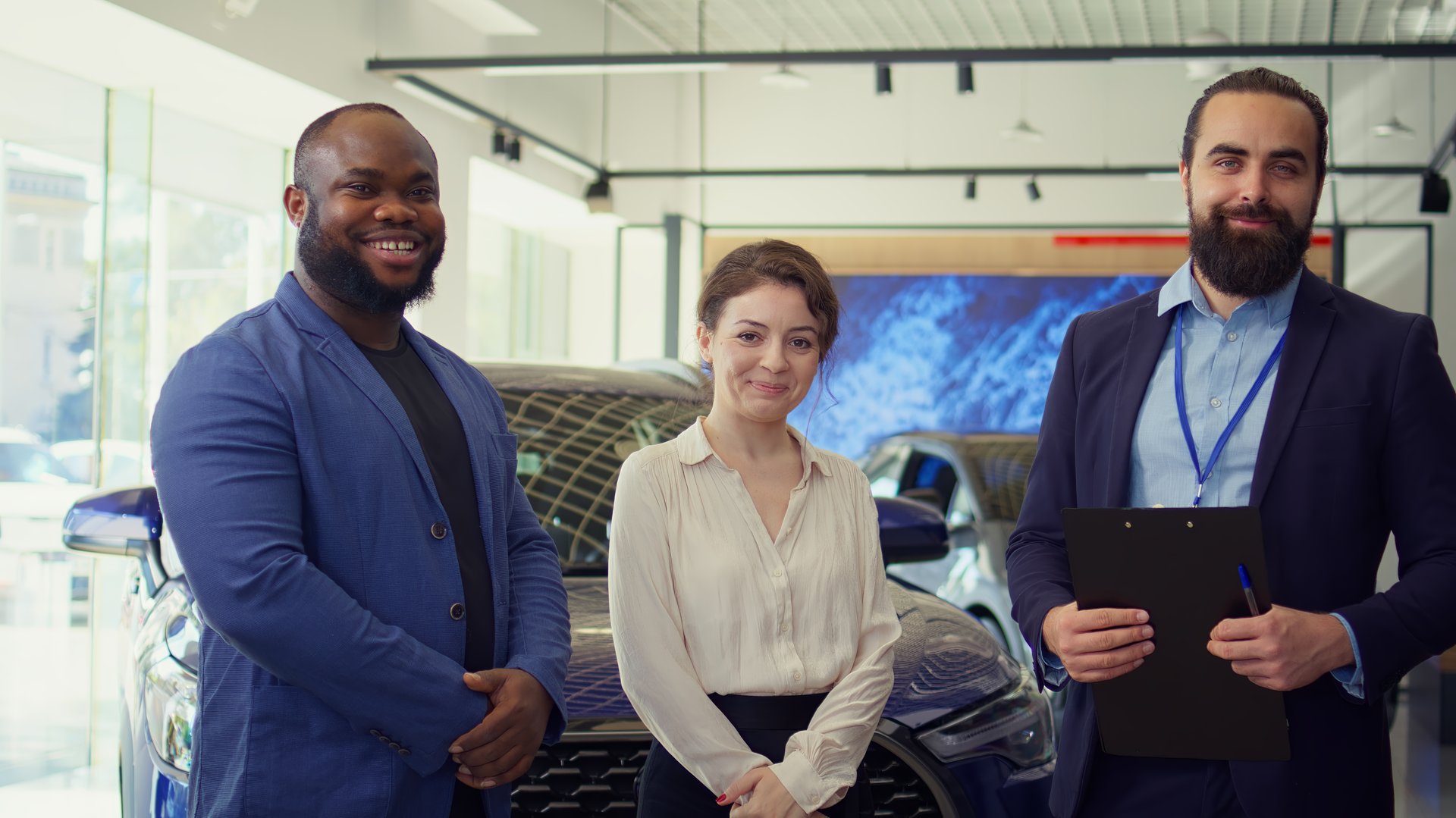 Portrait of cheerful salesman closing deal with customers after negotiating price and extra car features. Happy showroom agent shaking hands with clients after persuading to make purchase, camera B