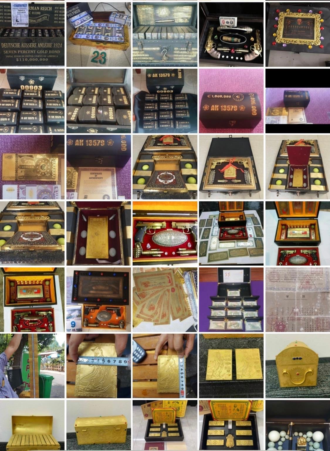 A collage of various collectible sets and boxes containing gold bars, coins, and ornate items.