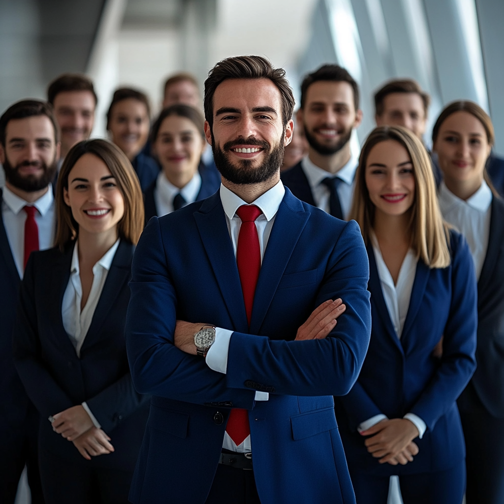 Businessman in a blue suit with a red tie stands confidently in front of a team of professionals in matching attire.