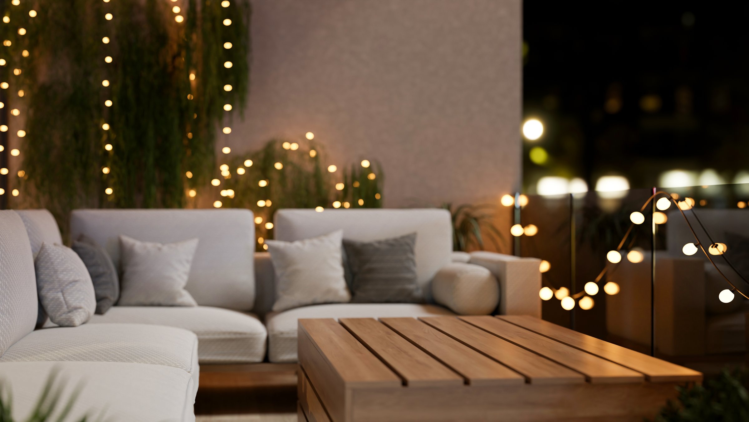 A cozy, beautiful apartment balcony at night, featuring a comfortable couch, a wooden coffee table, outdoor plants, and glowing lights that create a warm atmosphere. 3d render, 3d illustration