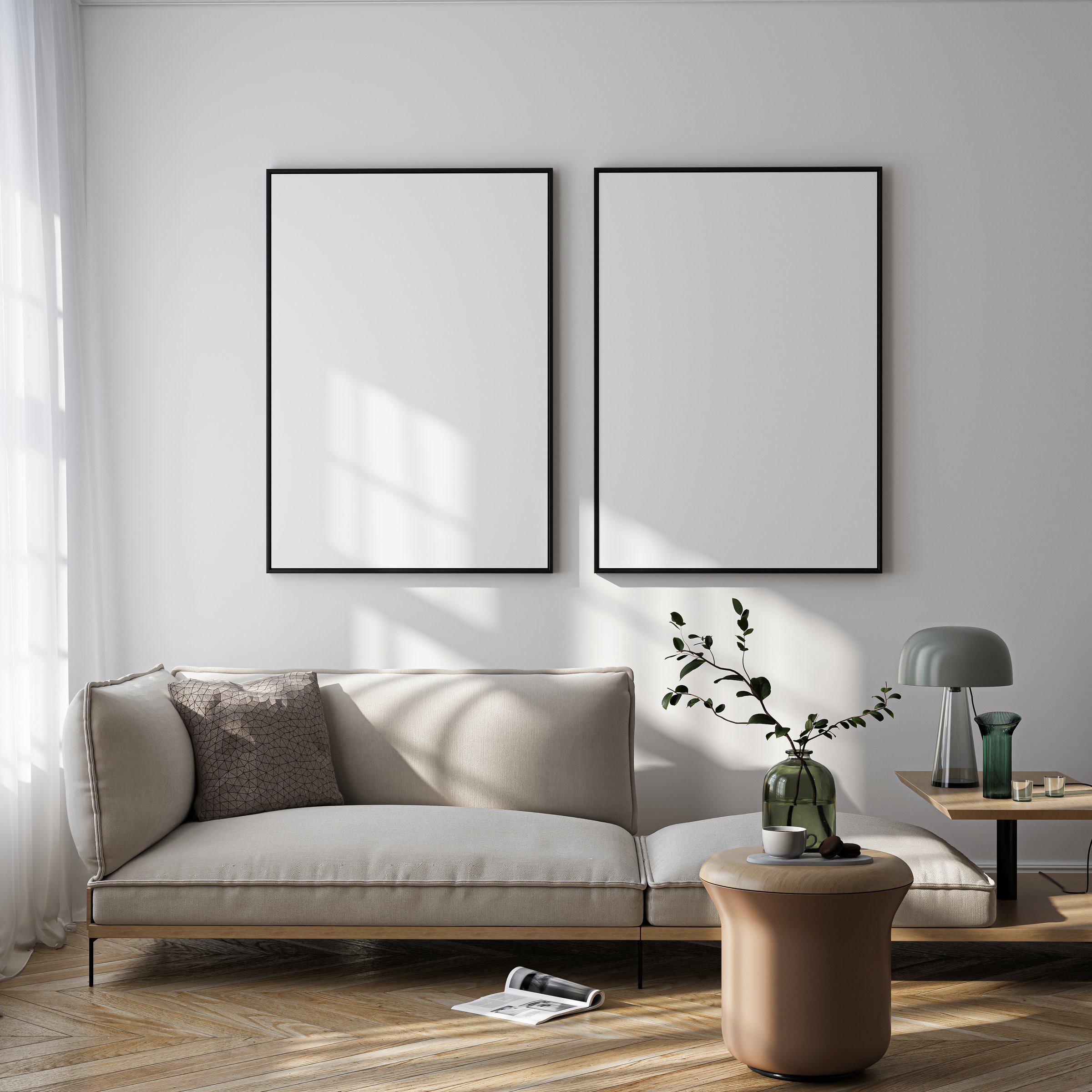 Photorealistic frame mockup featuring an ISO A-size poster in a modern Minimalist living room