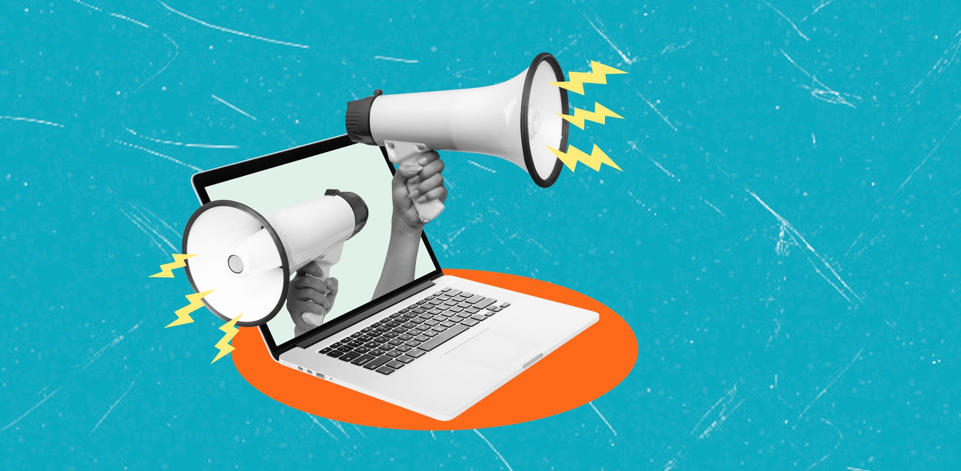 Art collage, Hands hold megaphones on either side of a laptop screen, symbolizing the power of digital media in amplifying communication. Various digital outreach strategies are visualized.