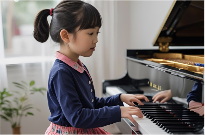 Young girl playing piano with teacher