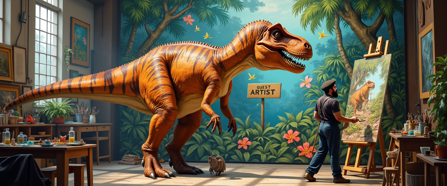 Person in dinosaur costume creating art