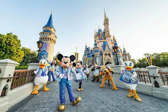Disney characters including Mickey Mouse, Donald Duck, and Pluto in front of a castle at a theme park.