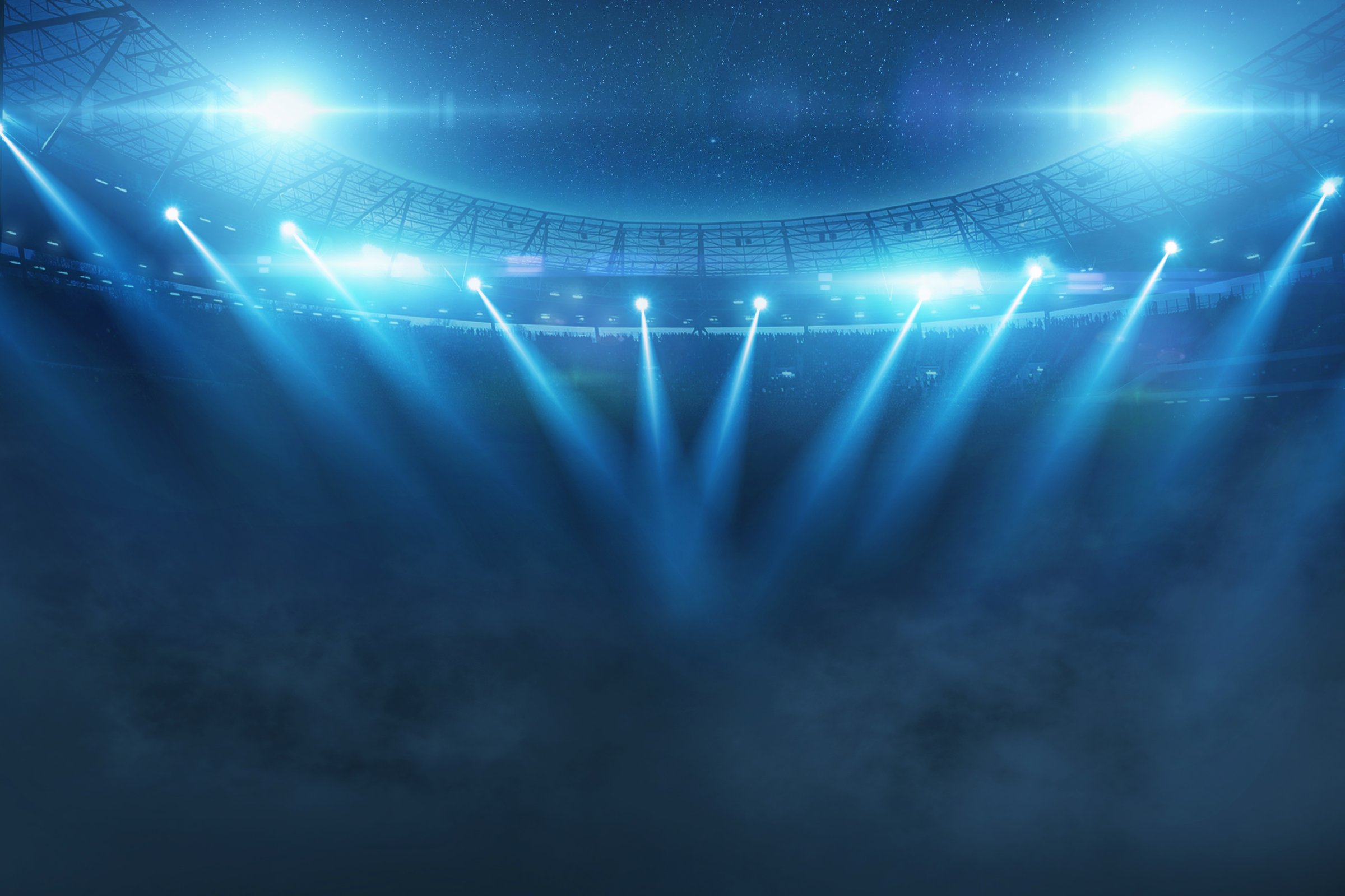 beautiful sports stadium shines with blue spotlights at night with stars. Sports tournament, world championship. Sports betting card. Free space for design and text