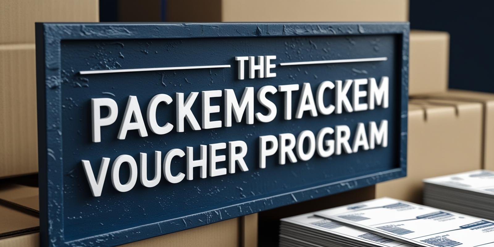 The PackEmStackEm Voucher Program sign with dark blue background, packing boxes, and vouchers in the background