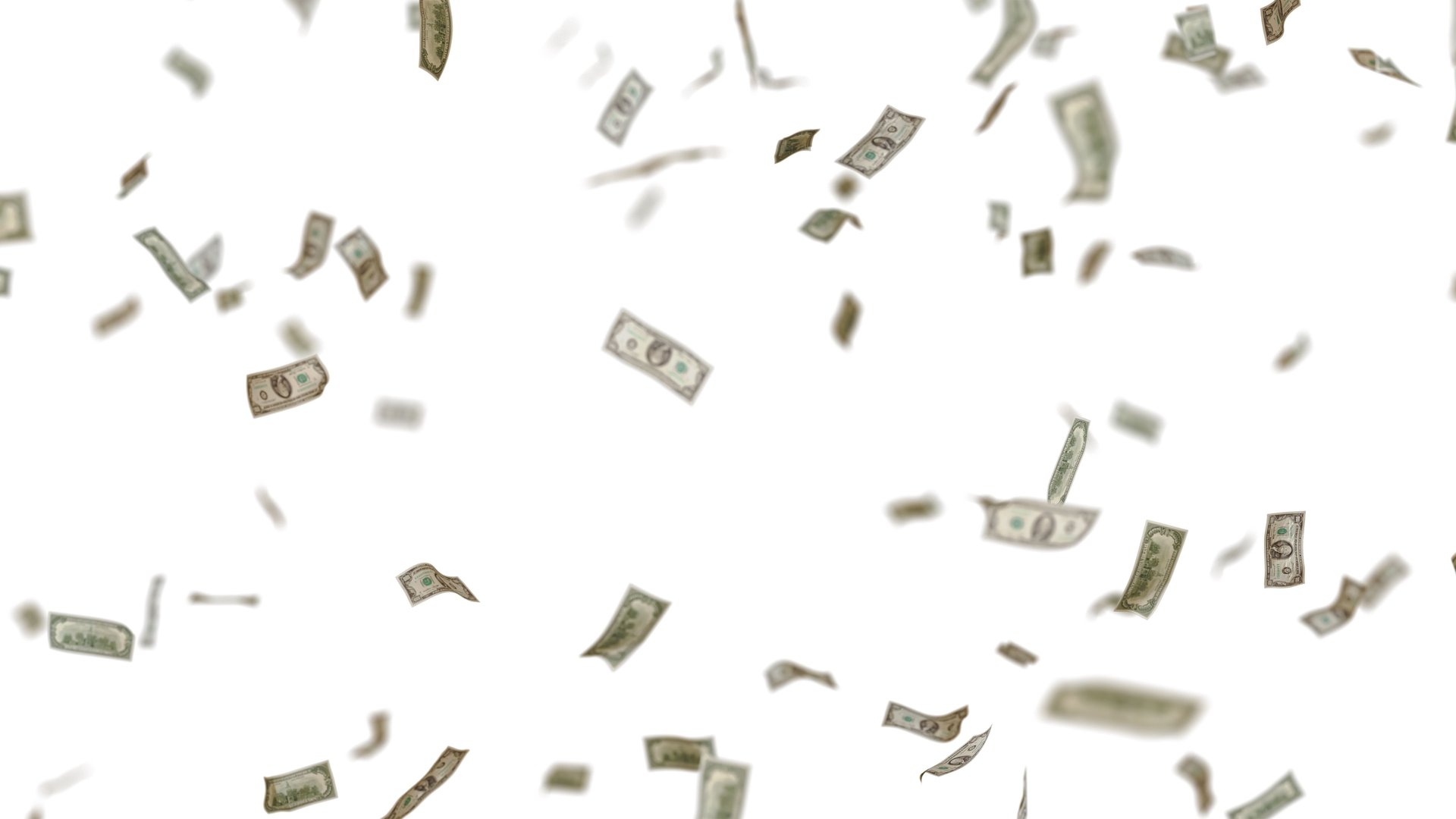 Many USA 100 dollars bill falling from the sky, transparent background