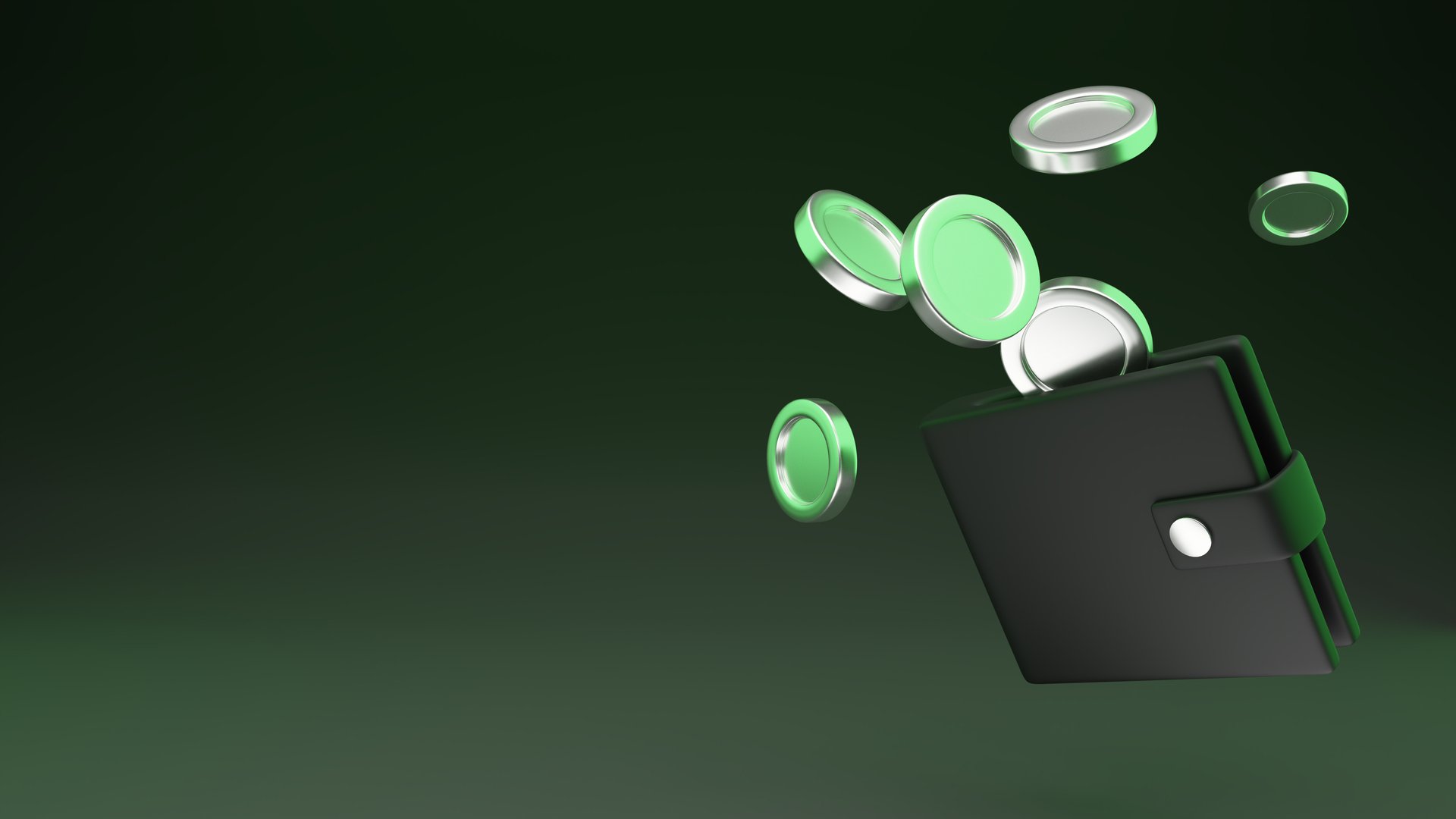 3D Digital wallet with metal coins icon isolated on copy space dark backgrounds for stablecoin payment or transaction. Money chrome token savings and currency finance for wealth metalic illustration.