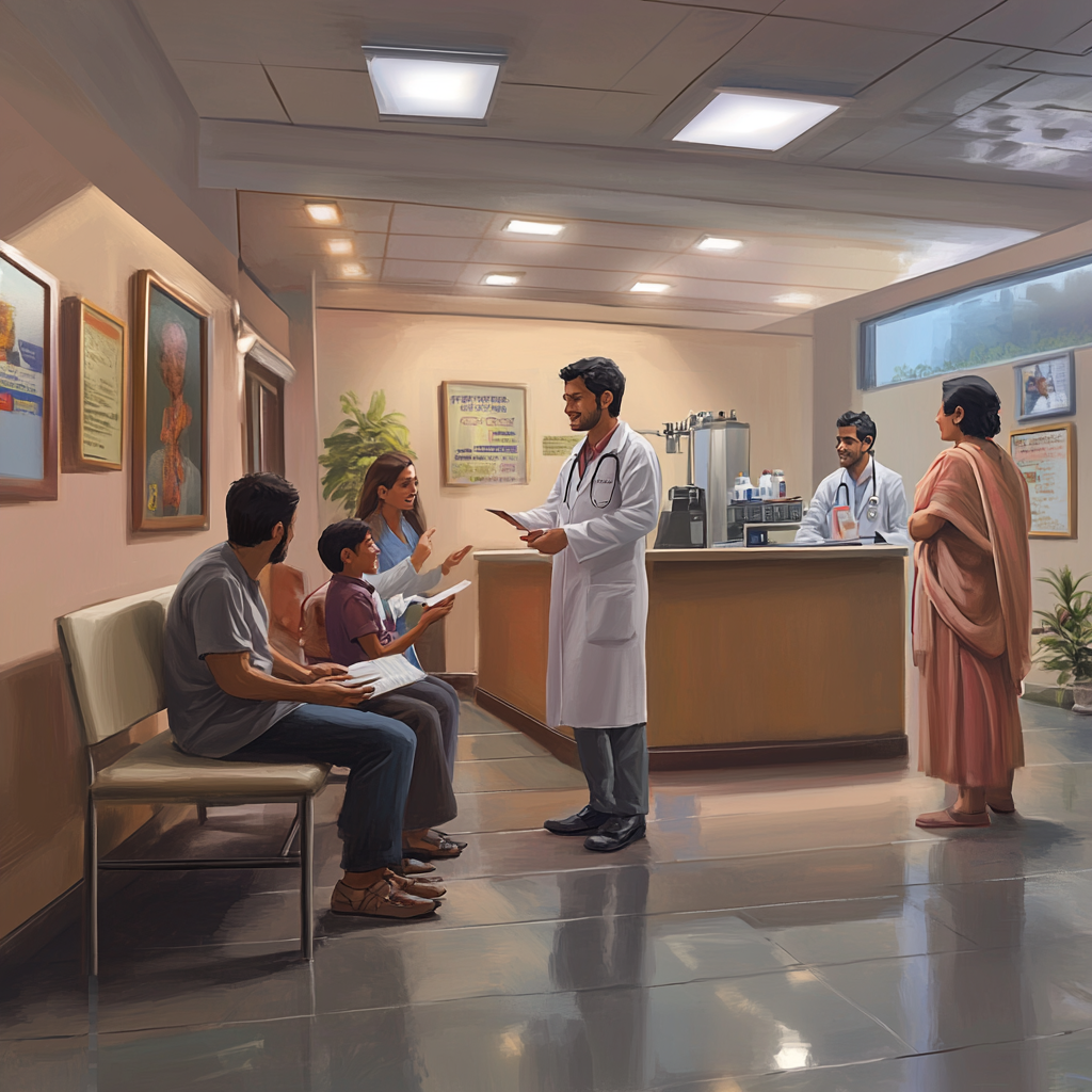 Doctor talking to a family in a clinic waiting area, with another patient and medical staff in the background.