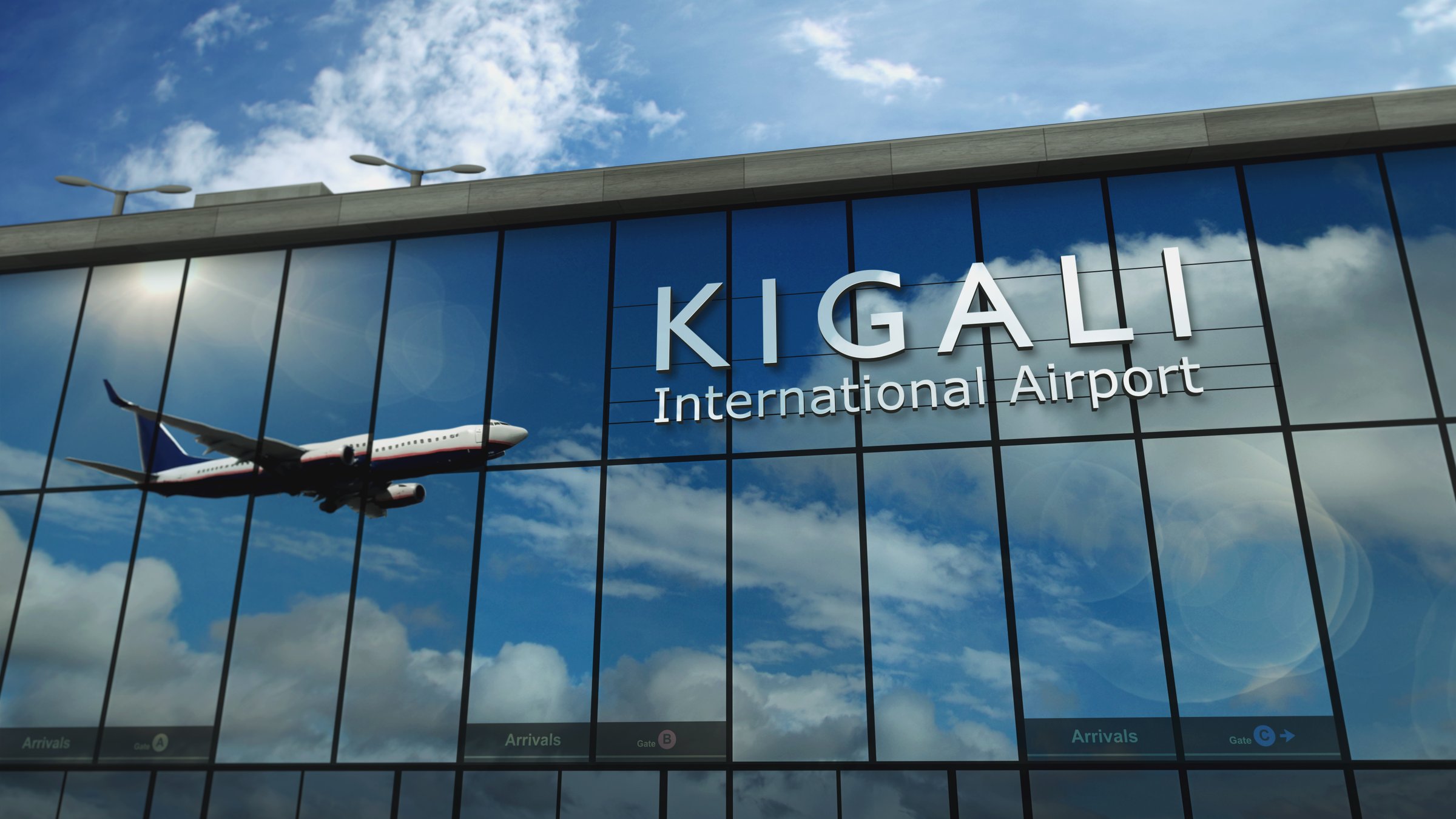 Aircraft landing at Kigali, Rwanda 3D rendering illustration. Arrival in the city with the glass airport terminal and reflection of jet plane. Travel, business, tourism and transport.