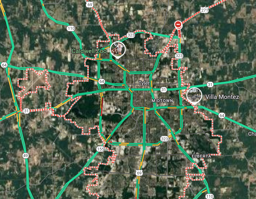 Map of Tyler, showing major roads, city boundaries, Caldwell Zoo, and Villa Montez locations highlighted.