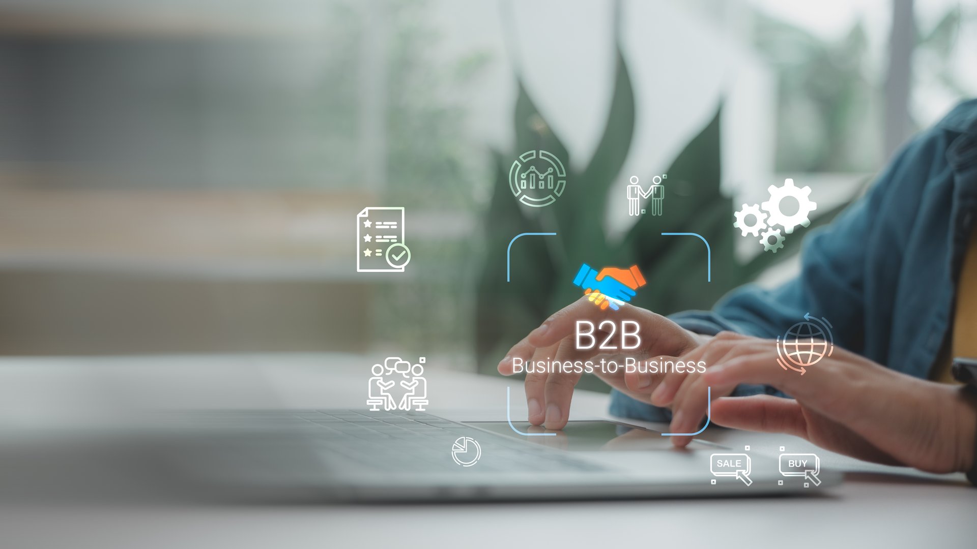 Businessmen using laptop with B2B business to business partnership, digital marketing, and corporate collaboration technology for growth and innovation.