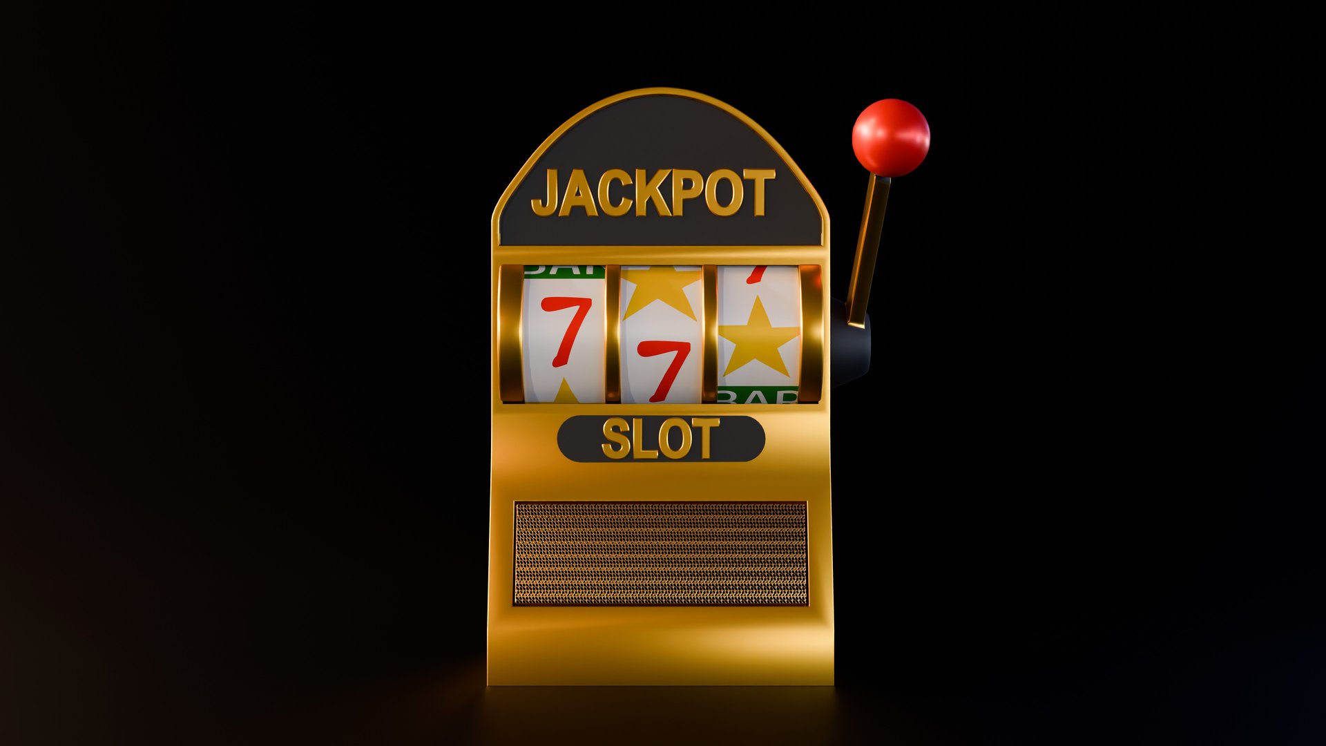 A 3d rendering of classic slot machine with three spinning reels displaying the winning combination of 7s.