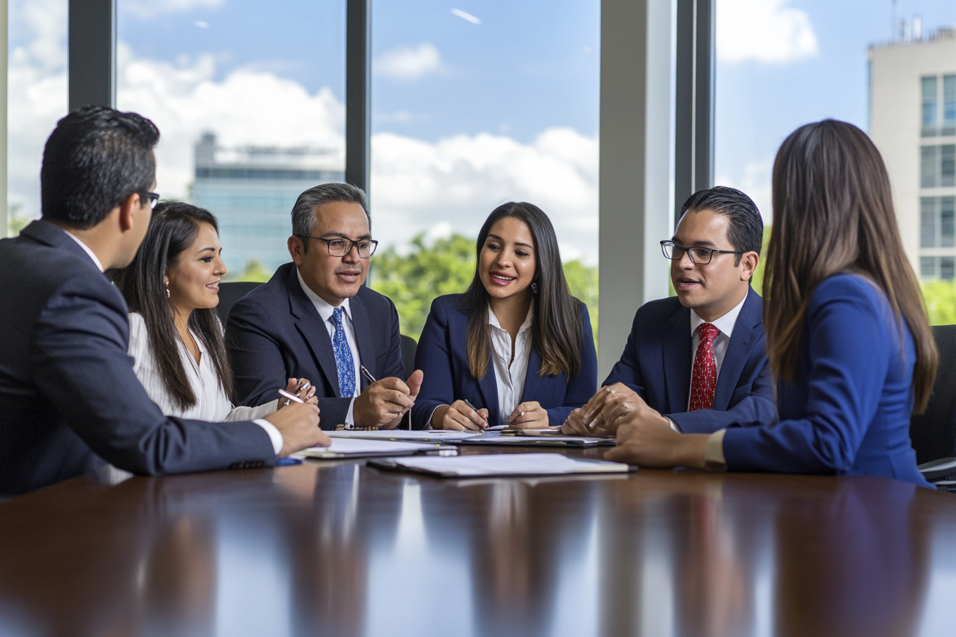 Business meeting with six professionals in formal attire seated around a table, discussing documents in a bright office.