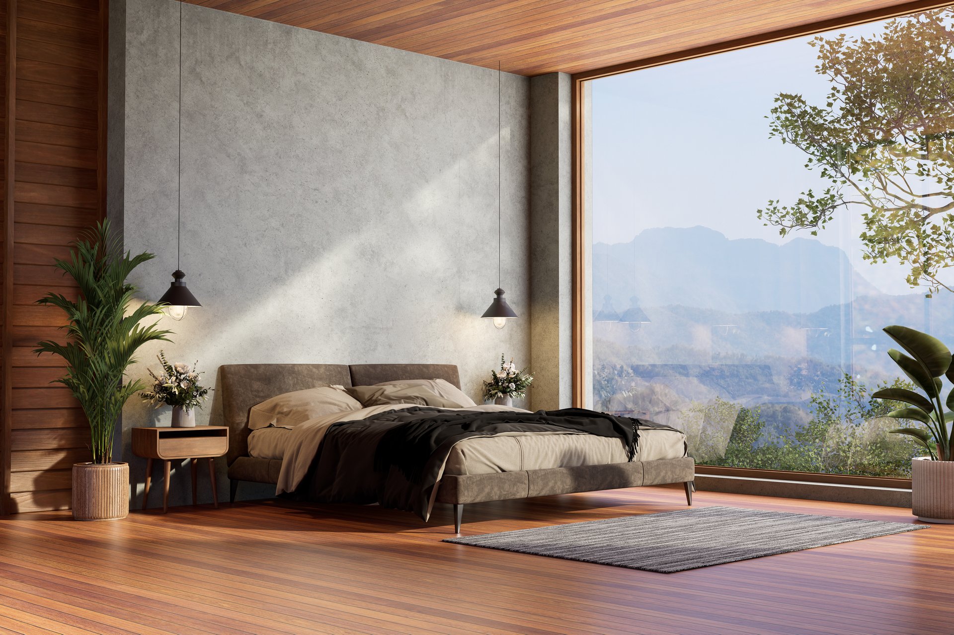 Modern loft style bedroom with mountain view background 3D render. There are wooden floor and concrete wall Big windows overlooking the beautiful nature view.