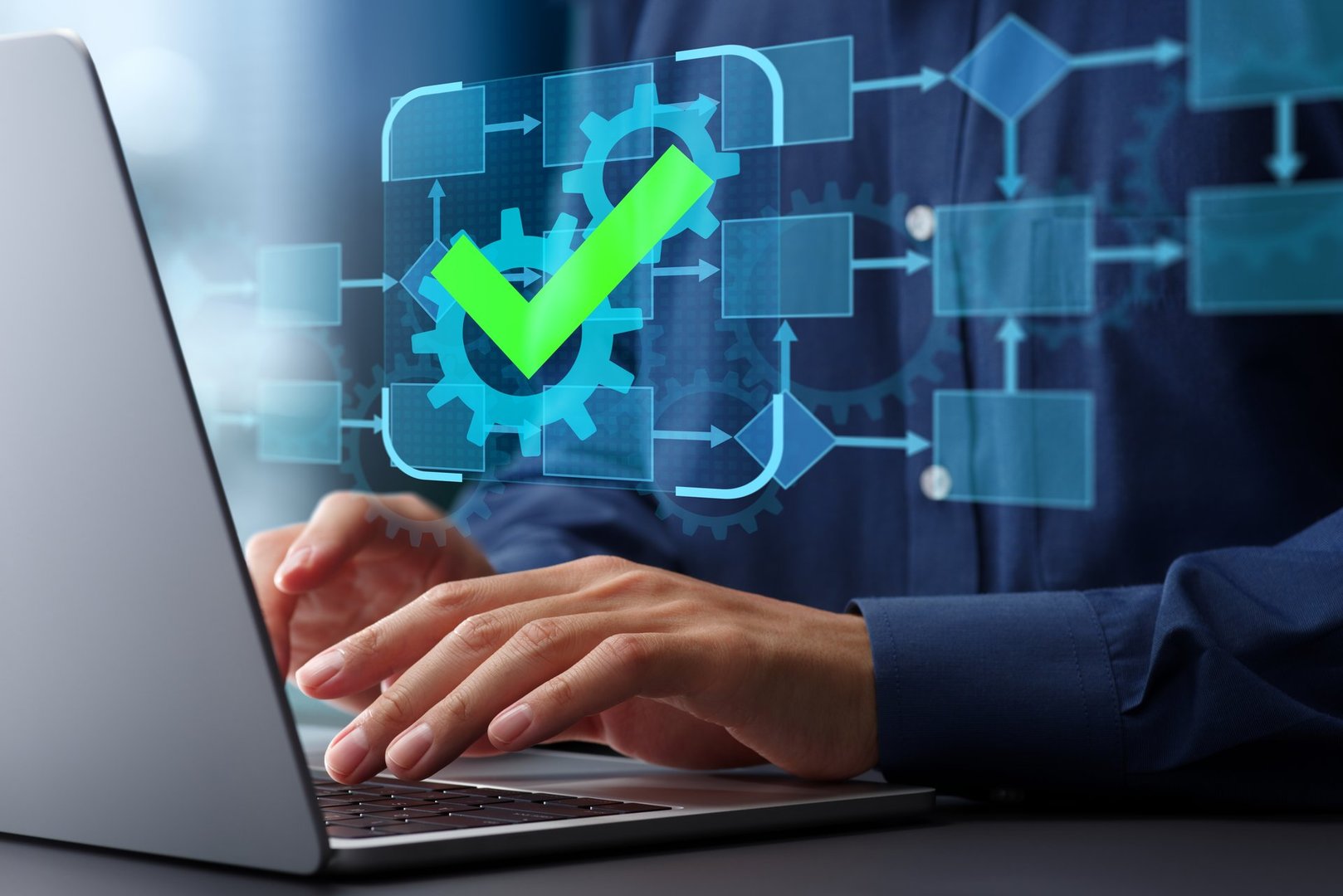 Business process automation BPA and management BPM. Flowchart and gear icons with checkmark. Businessman using laptop computer to manage workflow automation system.