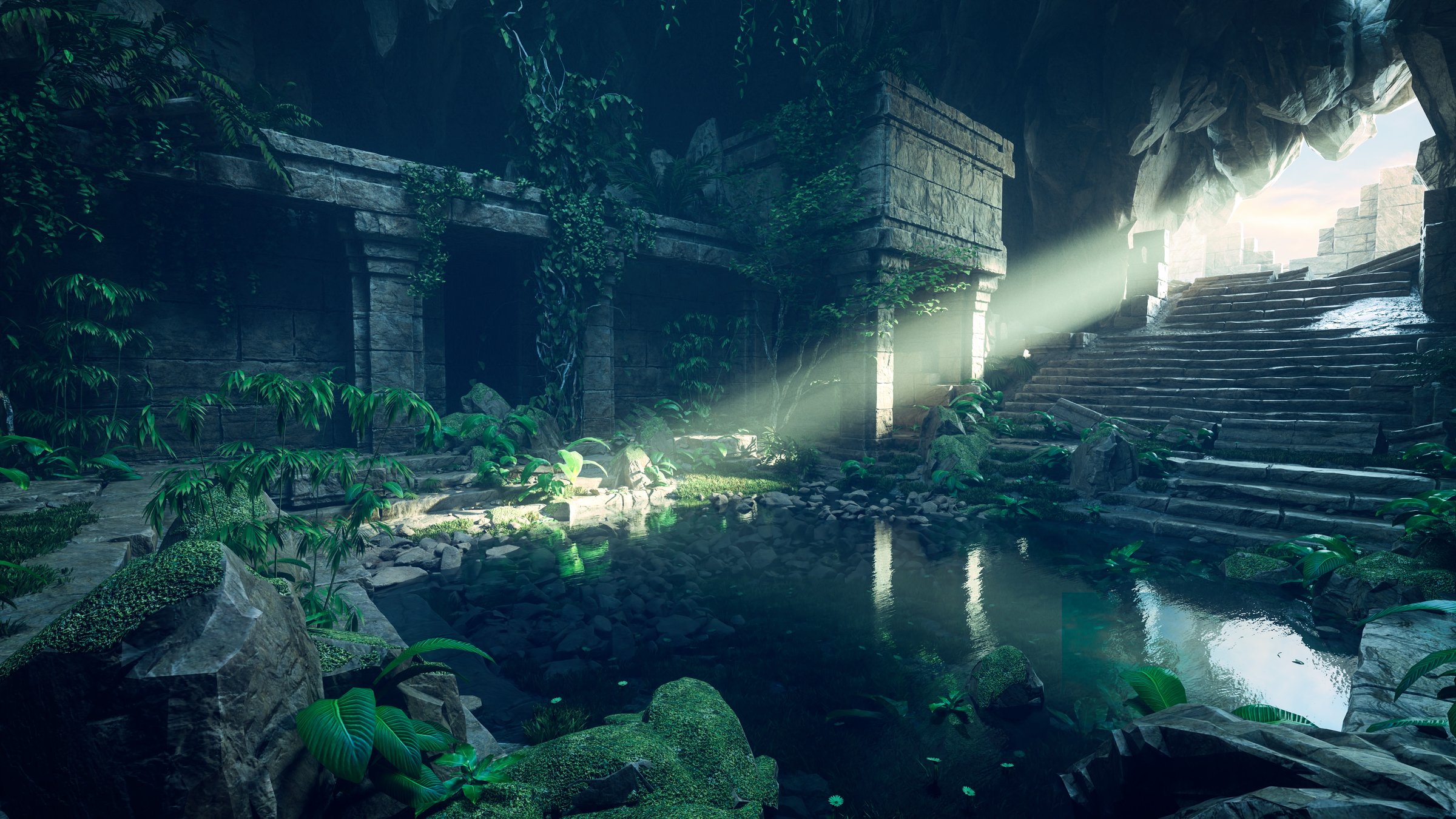 Old fantasy underground temple ruin underground with sunlight beam shining through an entrance at the top of stone steps. 3D rendered illustration.