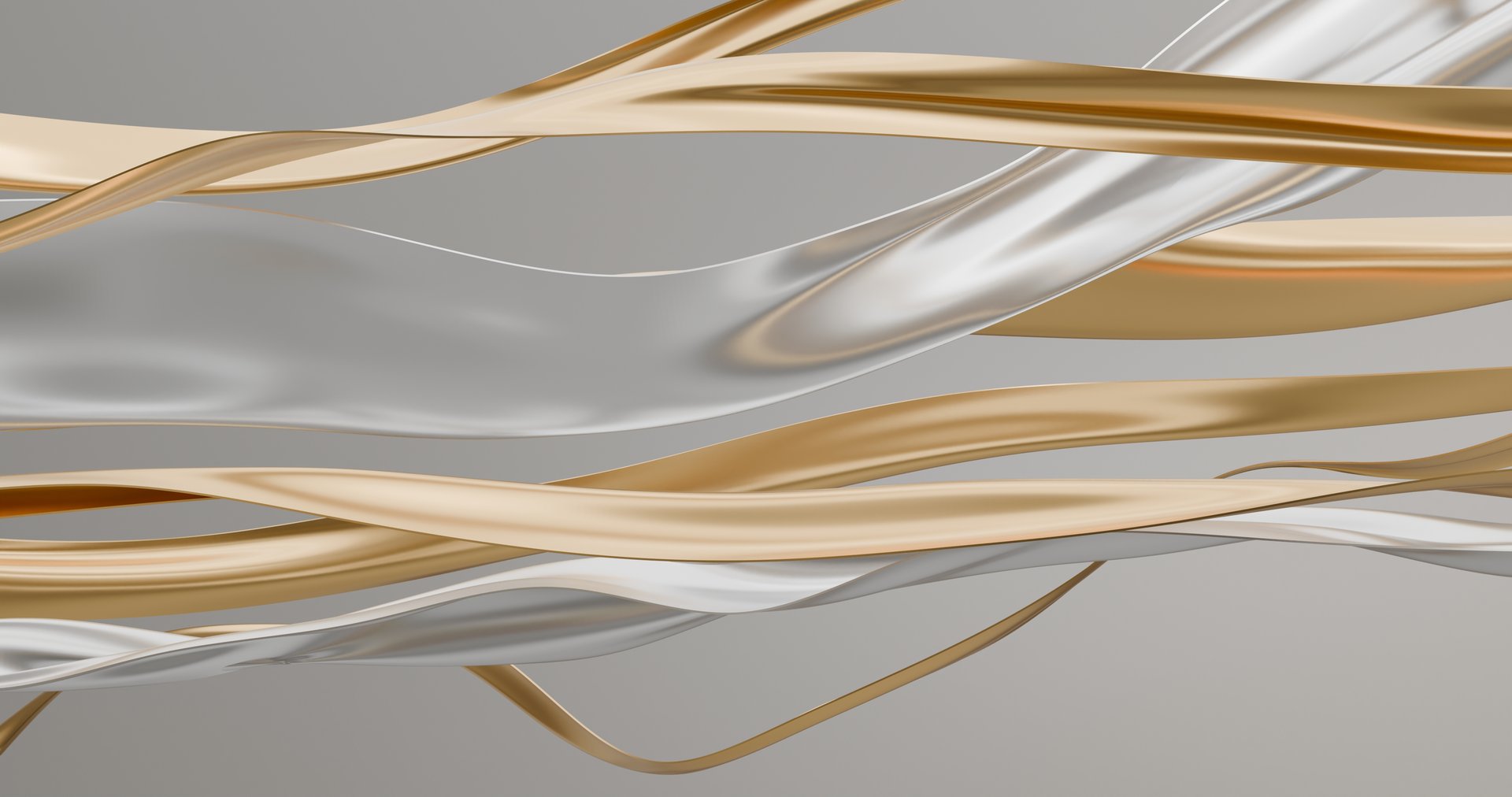 Silk ribbons curl in the wind. Fluttering material Abstract background with smooth gold and silver waves with copy space. 3d render.