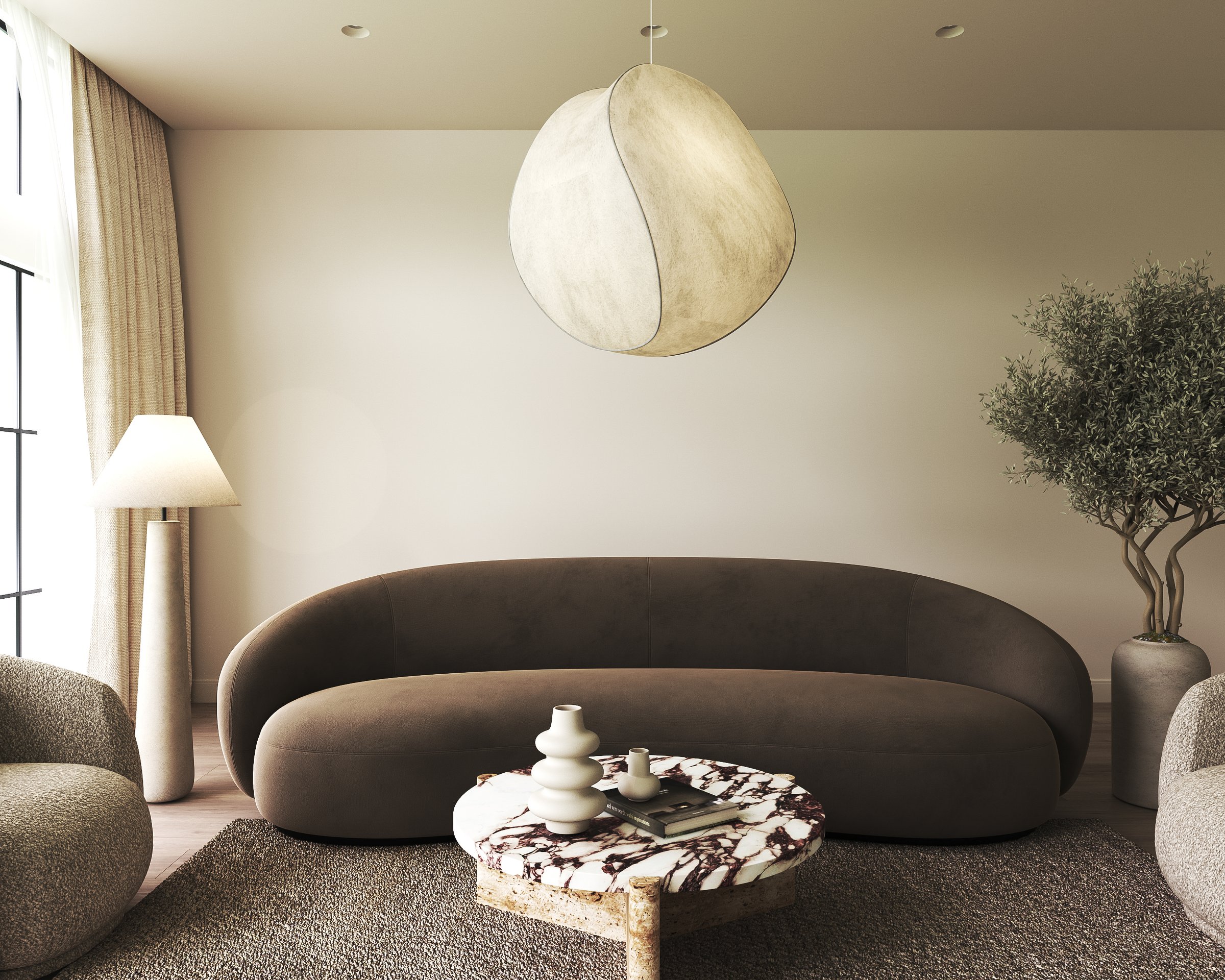 Modern living room boasting a curved sofa, sculptural pendant lamp, and artistic marble coffee table, complemented by soft lighting. 3d rendering