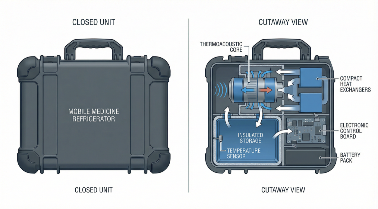 Mobile health clinic with thermoacoustic refrigeration for remote medicine