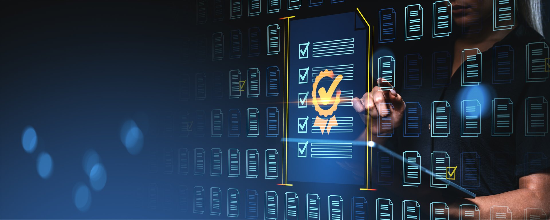 Person interacting with touchscreen showing digital checklist and certificate icon, futuristic interface on dark background, concept of document validation