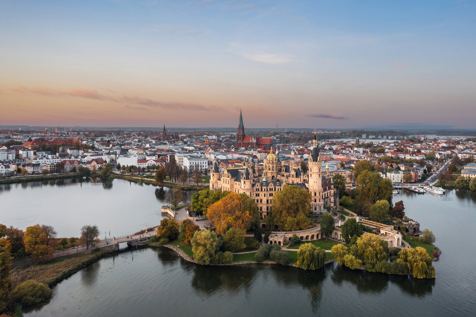 Aerial autumn cityscape panorama of Schwerin city, Mecklenburg-Vorpommern, Germany - October 2022