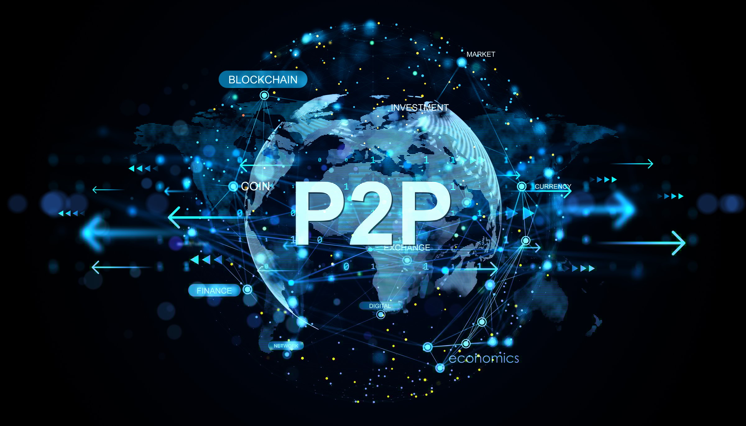 Digital globe with P2P text, glowing blue blockchain and fintech connections on dark background, concept of peer-to-peer financial technology service. 3D Rendering