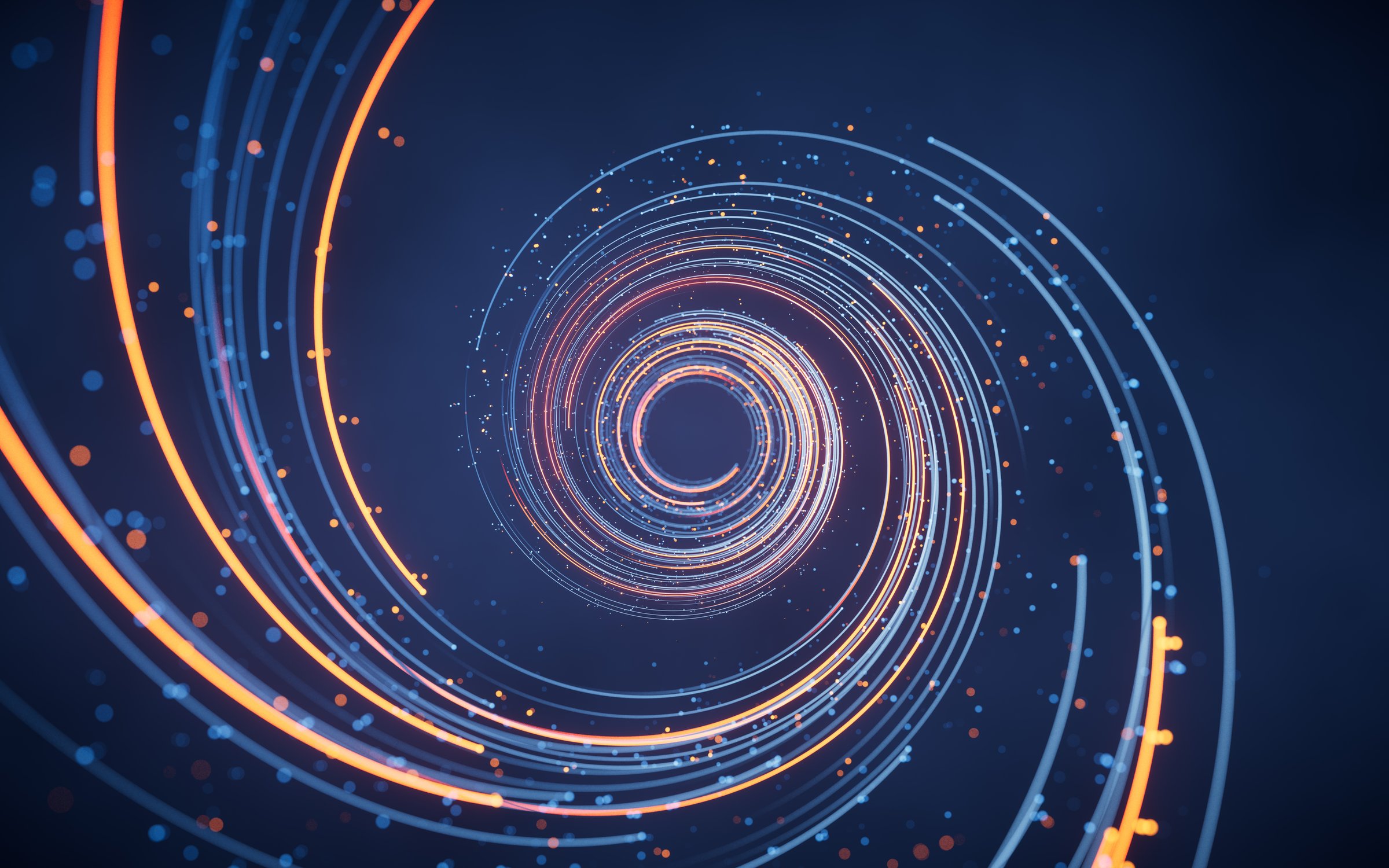 Rotating glowing vortex lines and particles background, 3d rendering. 3D illustration.