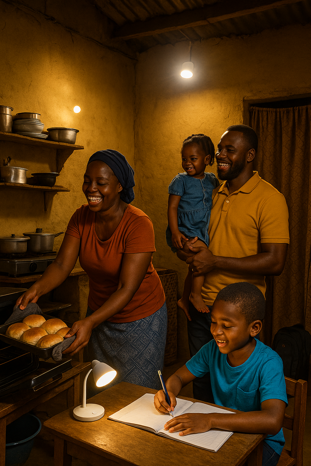 A family in a warmly lit room: mom with baked bread, dad holding daughter, and son writing at a table.