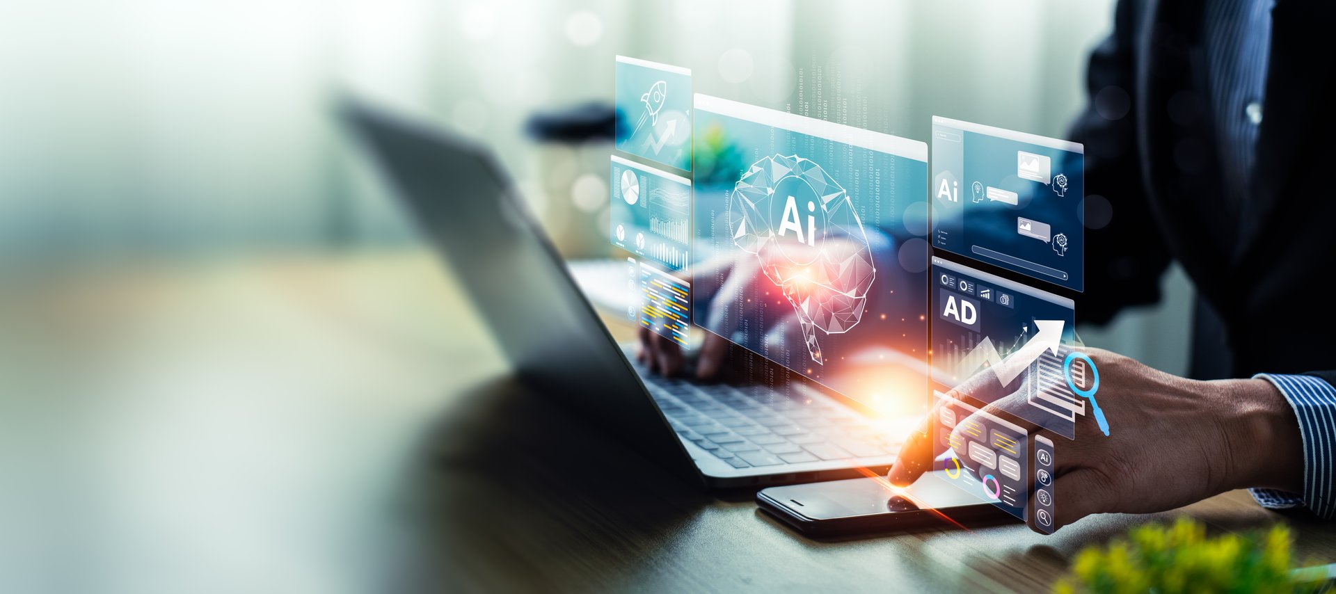 Business Professional Analyzing AI-Generated Data and Graphs on Laptop, Leveraging Advanced Technology for Digital Growth and Business Strategy, Digital Network for Business and Future Technology