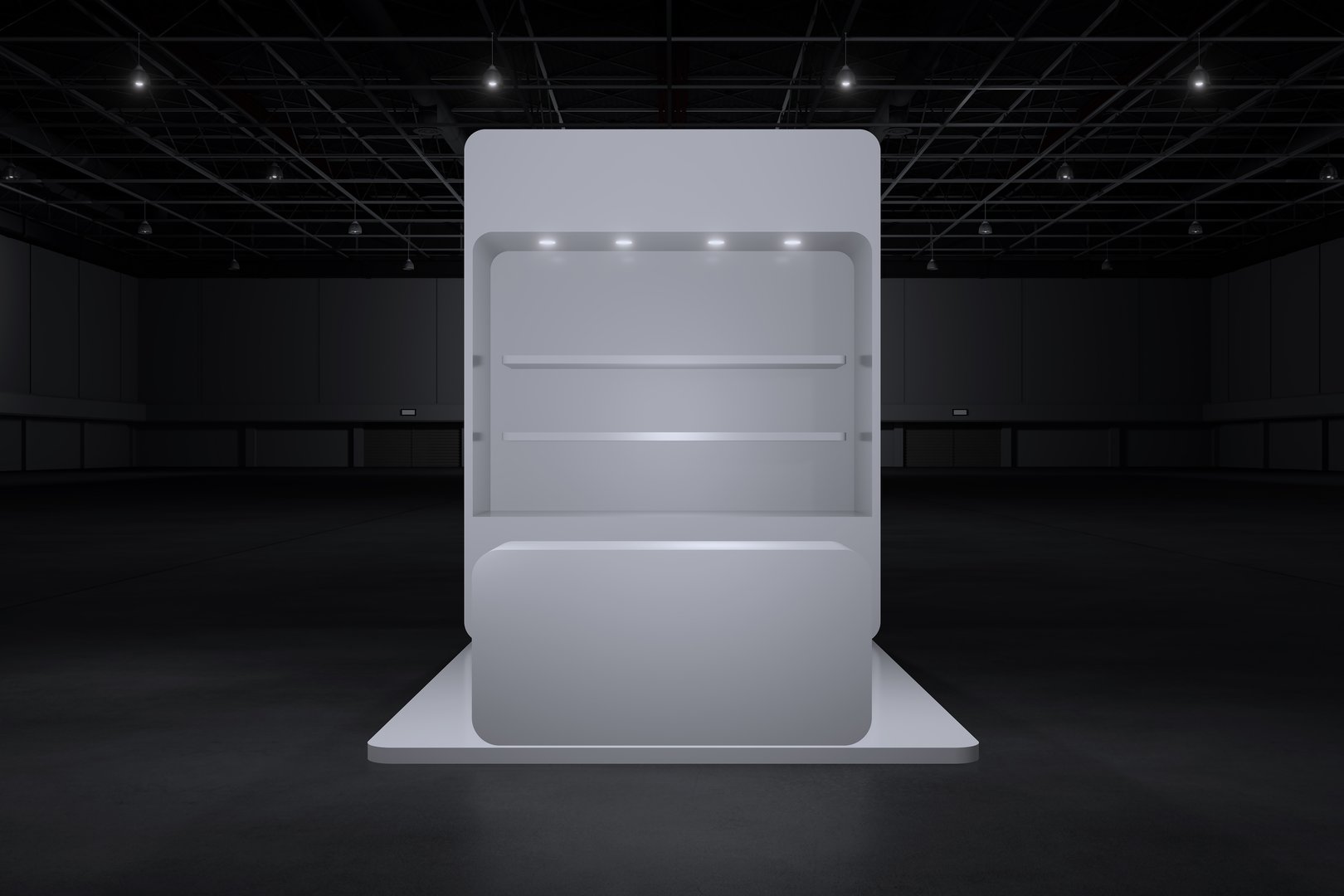 Exhibition stand for mockup and Corporate identity,Display design.Empty booth Design.Retail booth elements in Exhibition hall.booth Design trade show.Blank Booth system of Graphic Resources.3d Background for online Event,conference,live.3d render.