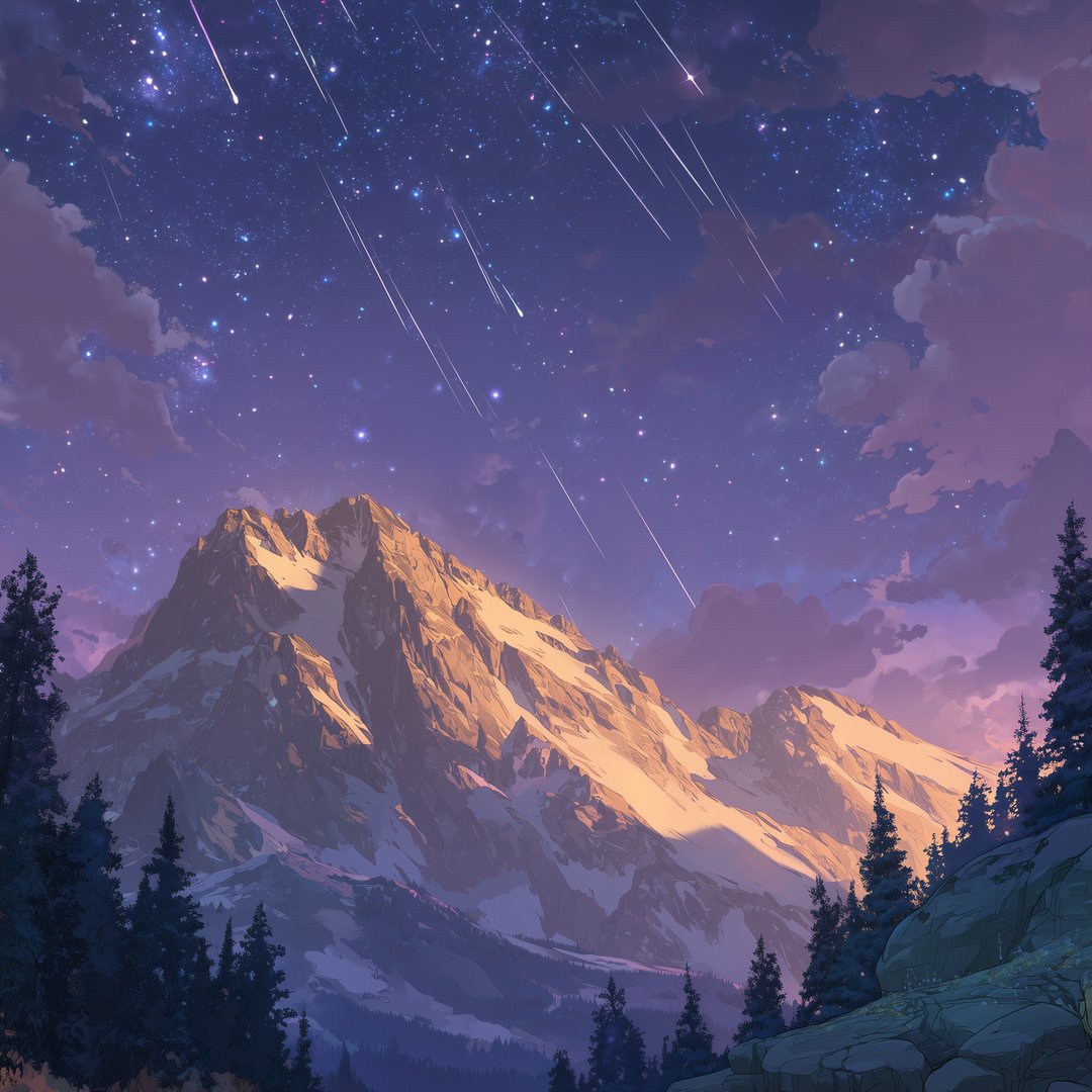 A bright starlit mountain scene with shooting stars