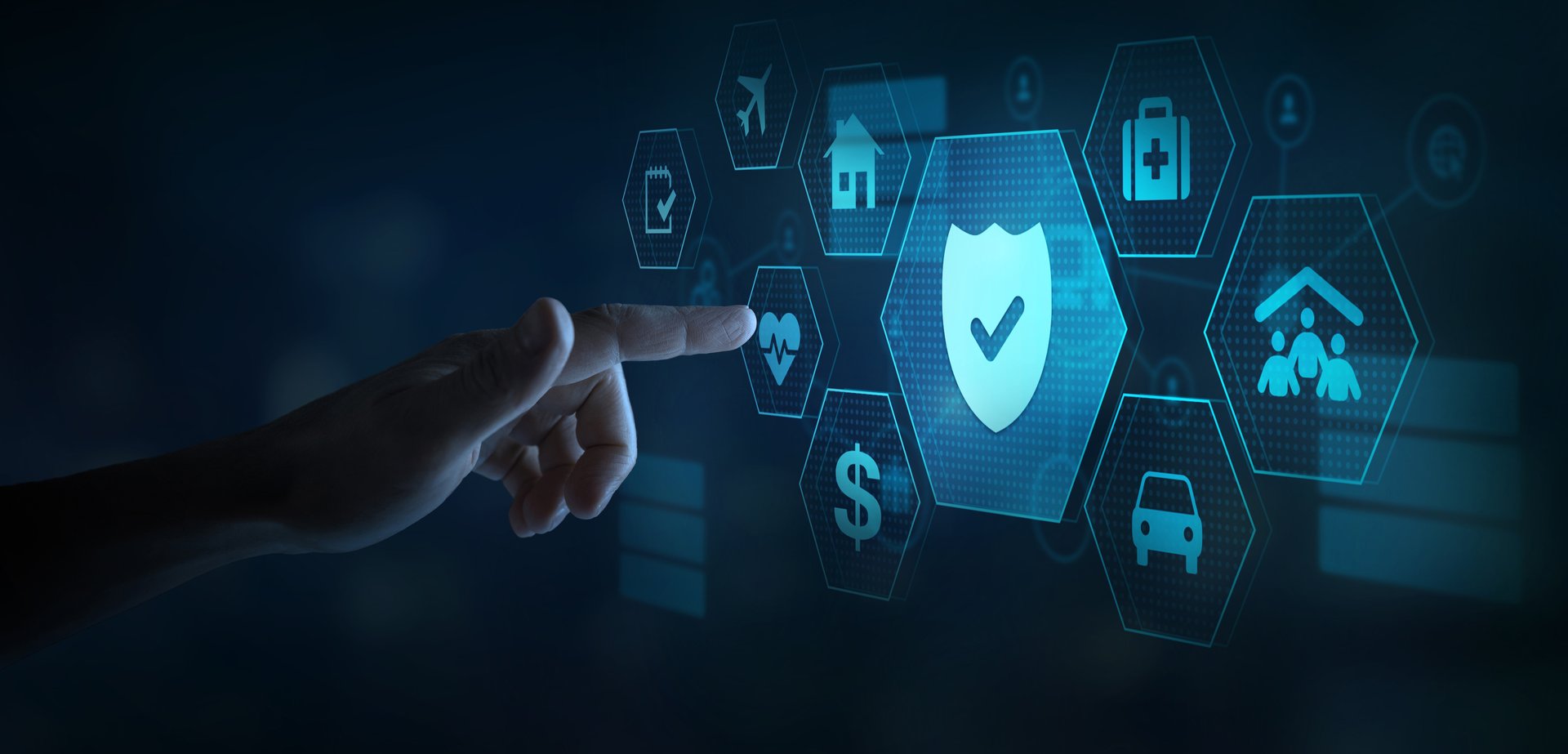 Insurance concept with icons, health, travel and car insurance on touchscreen