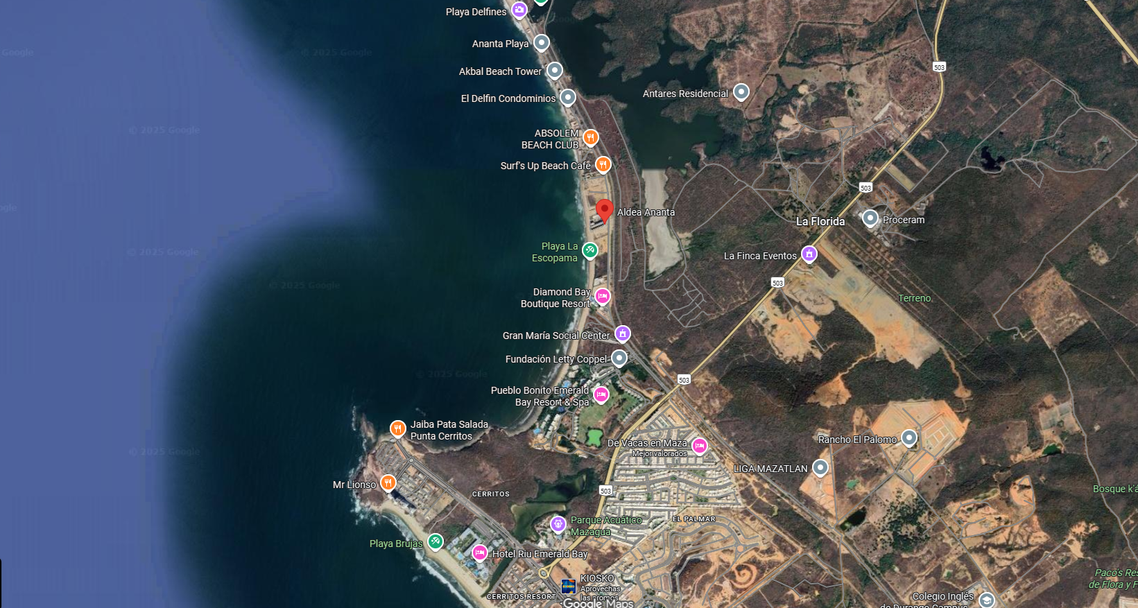 Mapa de rutas y accesos a Aldea Ananta 1001 en Mazatlán