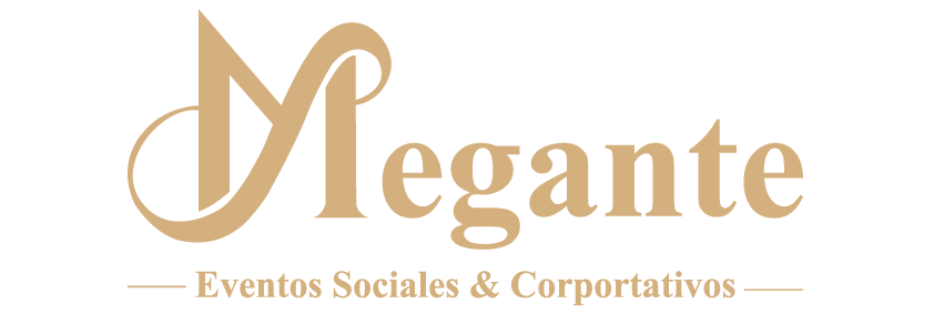 Logo with "Megante" in elegant font, labeled "Eventos Sociales & Corporativos" in gold color.