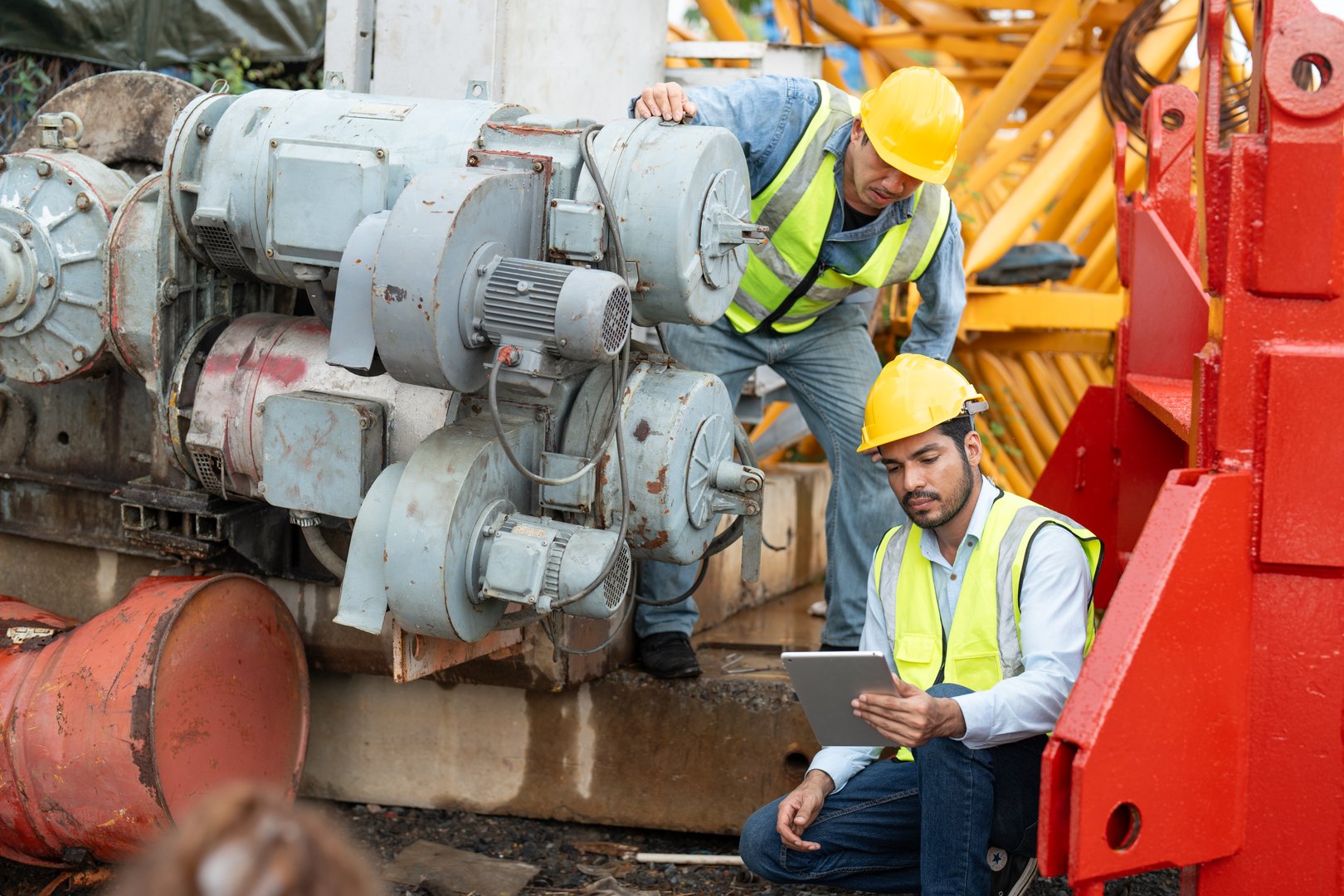 Asian male engineer with tablet checking and repairing tower crane motor at assembly crane factory for construction.