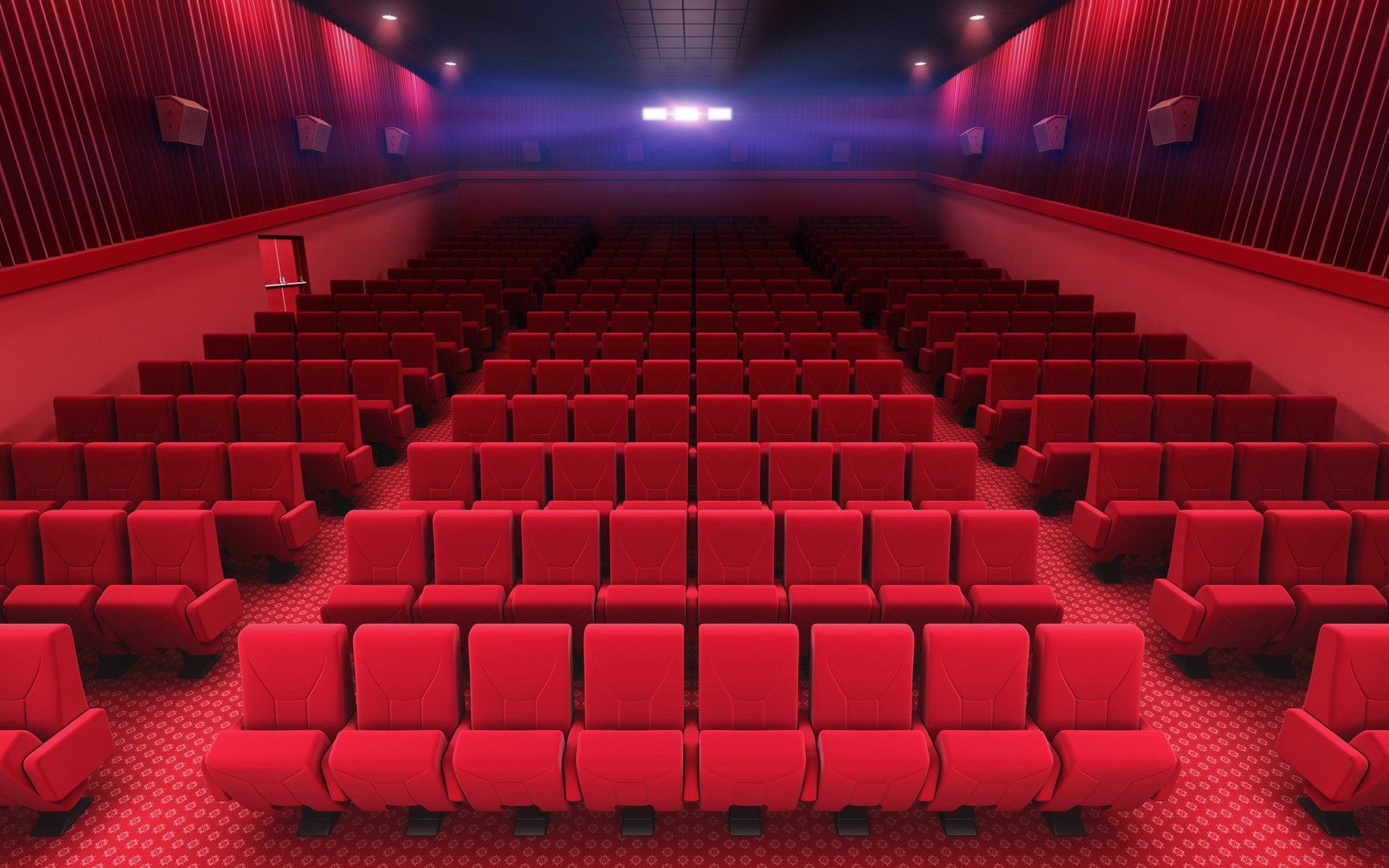 3d render cinema stage (sound system, spectacular lighting, upholstered in red fabric)