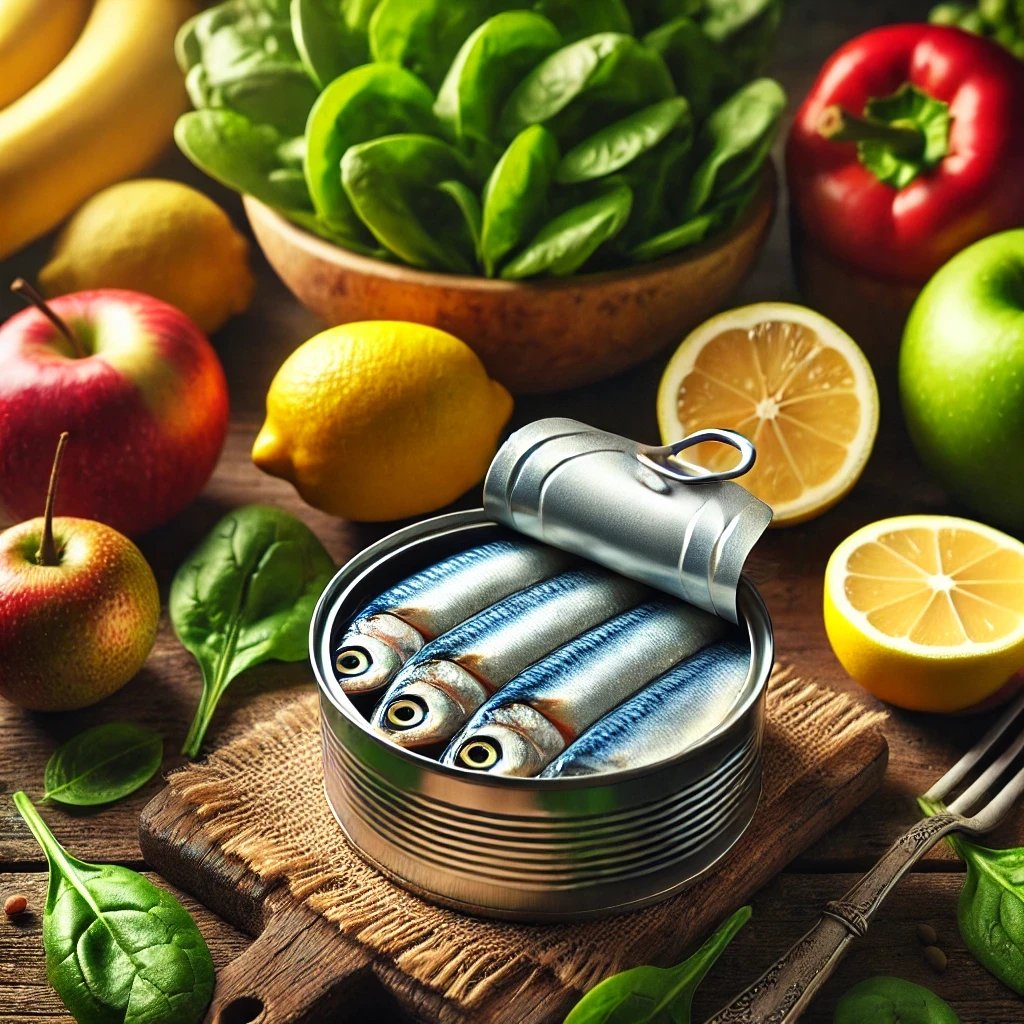Canned sardines surrounded by fresh fruits and vegetables on a wooden table, including apples, lemons, spinach, and peppers.