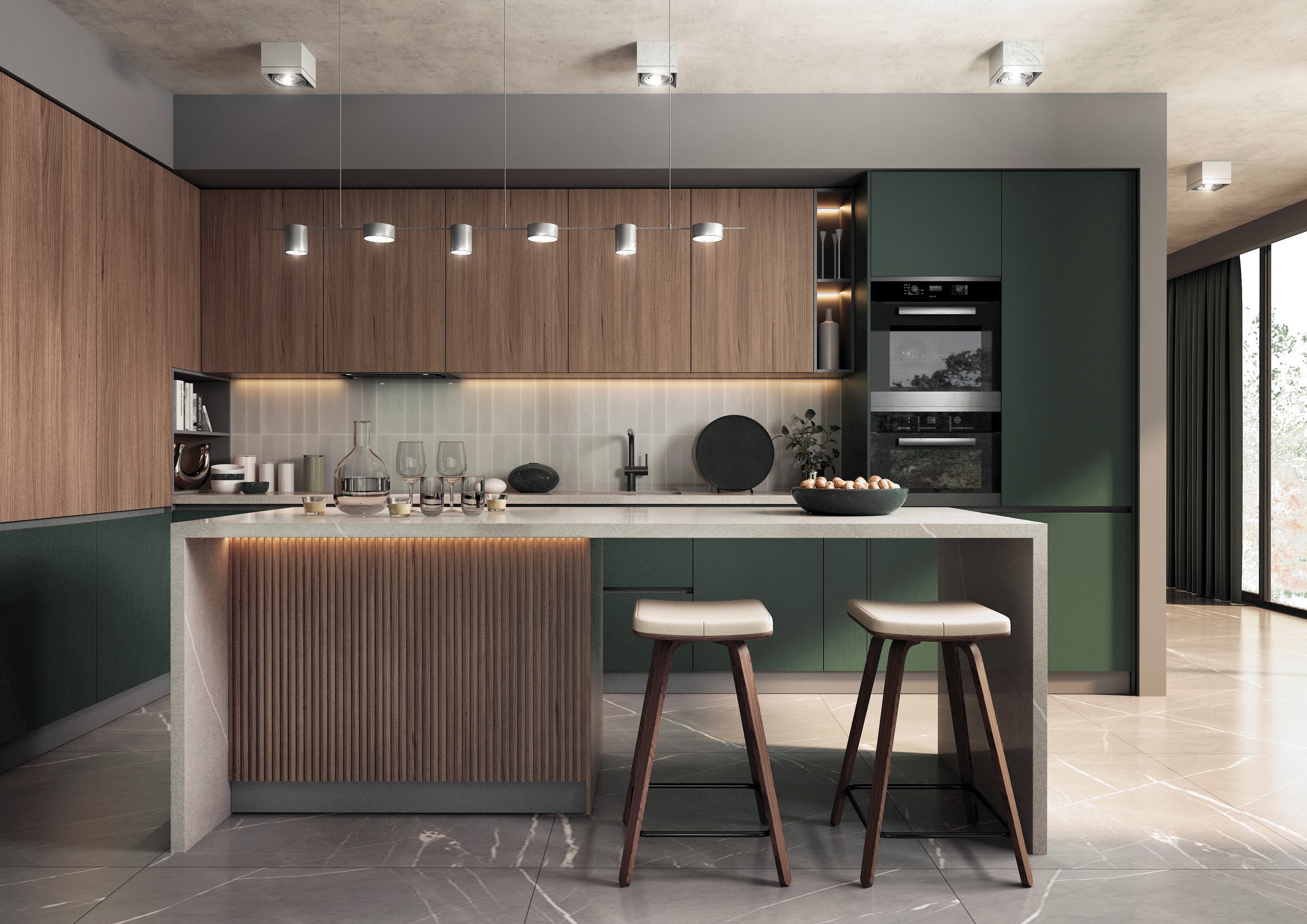 A modern spacious kitchen with a free-standing kitchen island. Dark green and wooden fronts of kitchen cabinets are combined with light gray stone.
