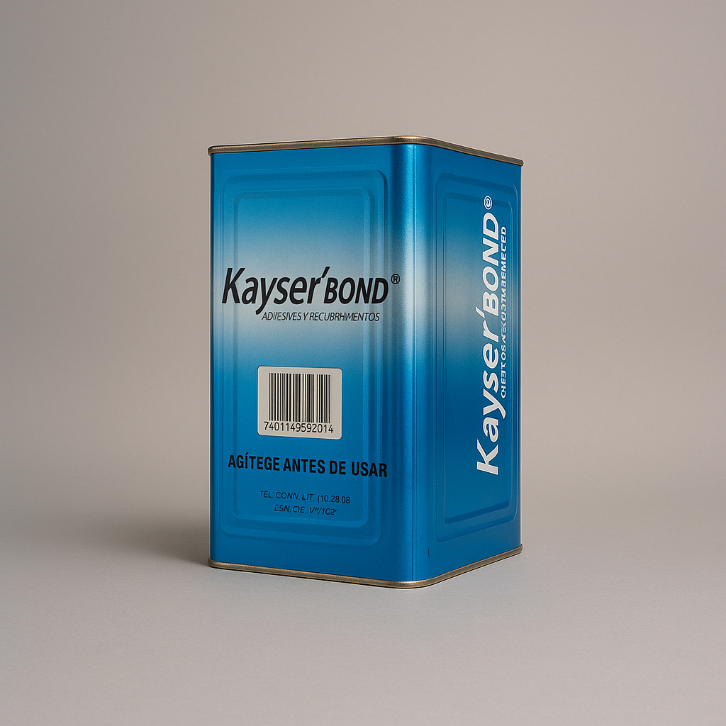 Blue KayserBond adhesive container with printed instructions and bar code on the front, set against a neutral background.