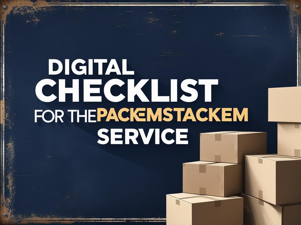 Digital Checklist for the PackEmStackEm Service sign with dark blue background and packing boxes
