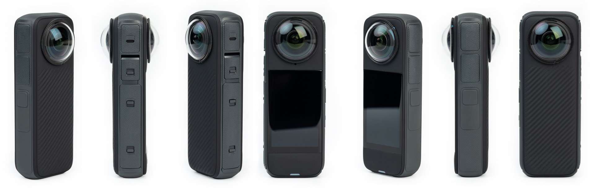Black 360 vr action camera different view isolated on white studio background