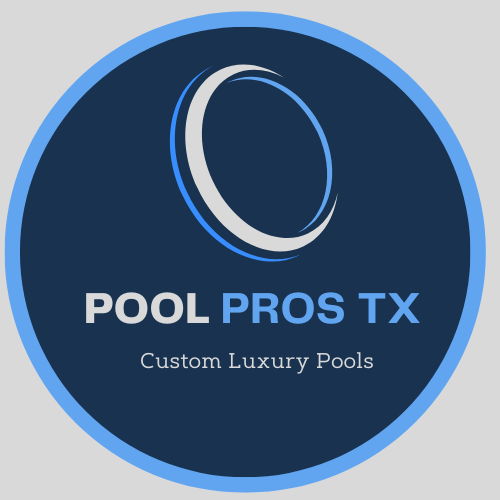 Logo for Pool Pros TX with a stylized blue and white circle and text: Custom Luxury Pools on a dark blue background.