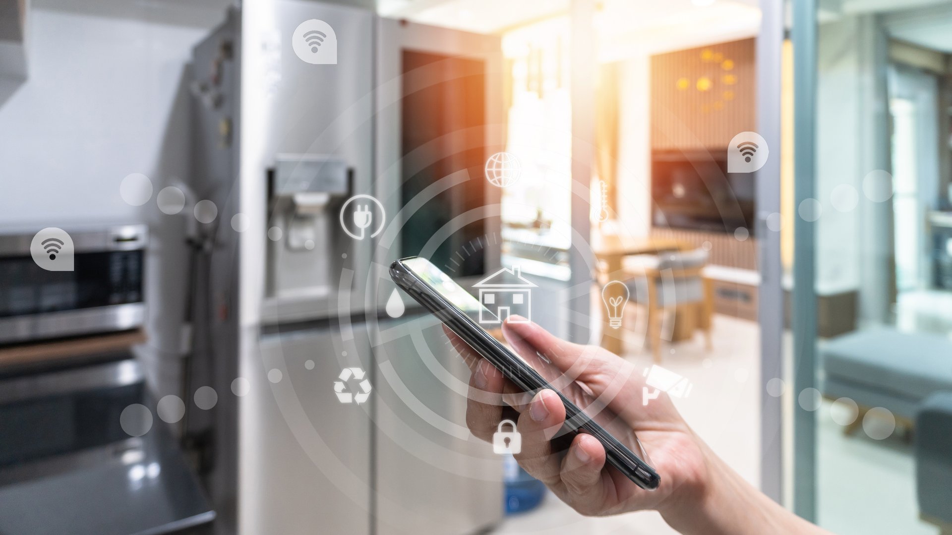Smart home AI technology with remote control on electronic appliances in house and living room over mobile smartphone app, wireless application network on cloud system