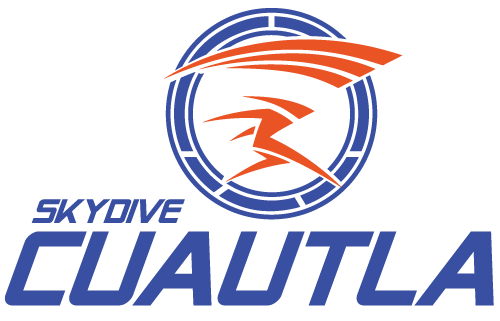 Logo of Skydive Cuautla featuring stylized orange wings and text in blue on a white background.