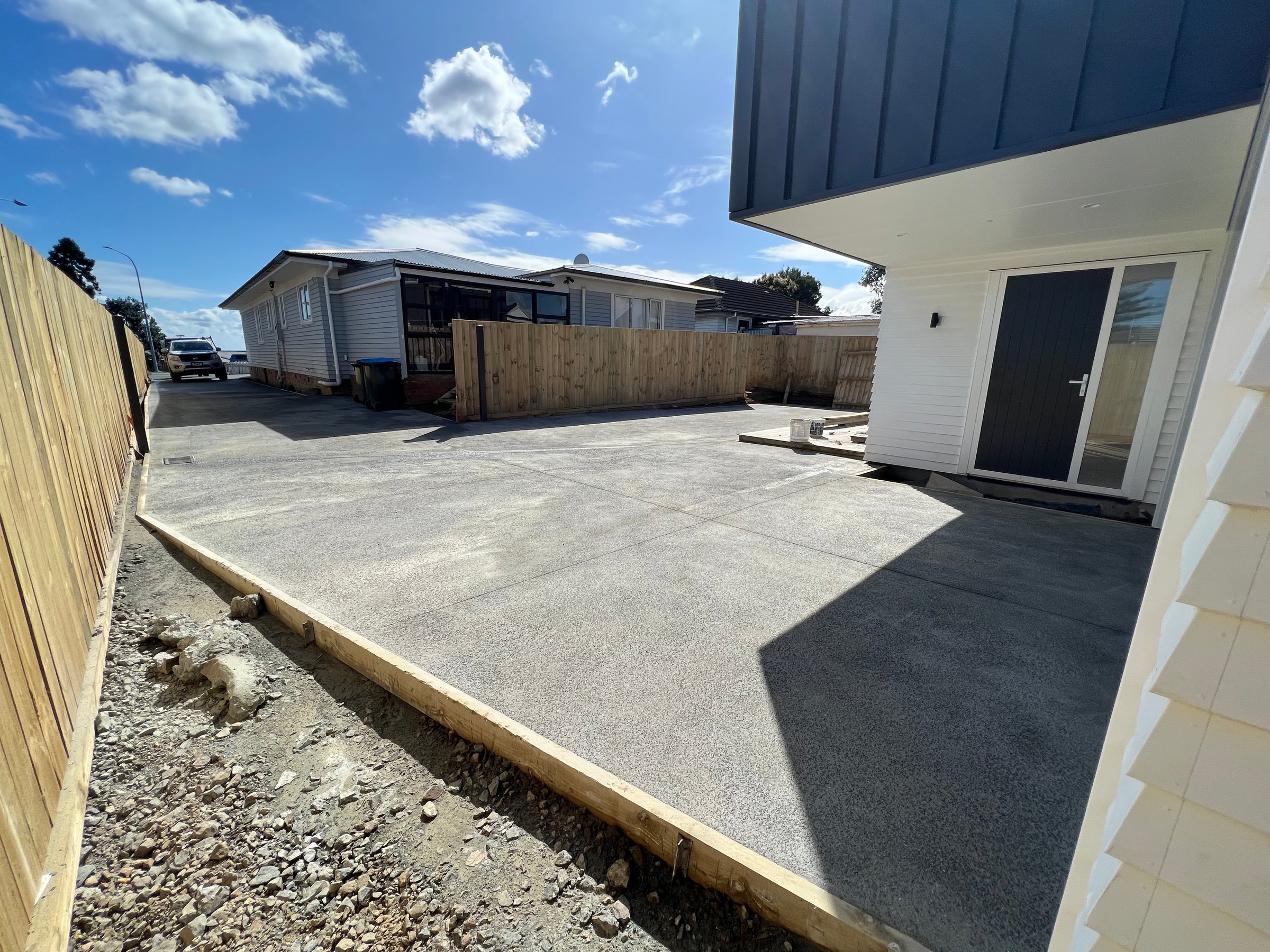 Construction building works with concrete pump