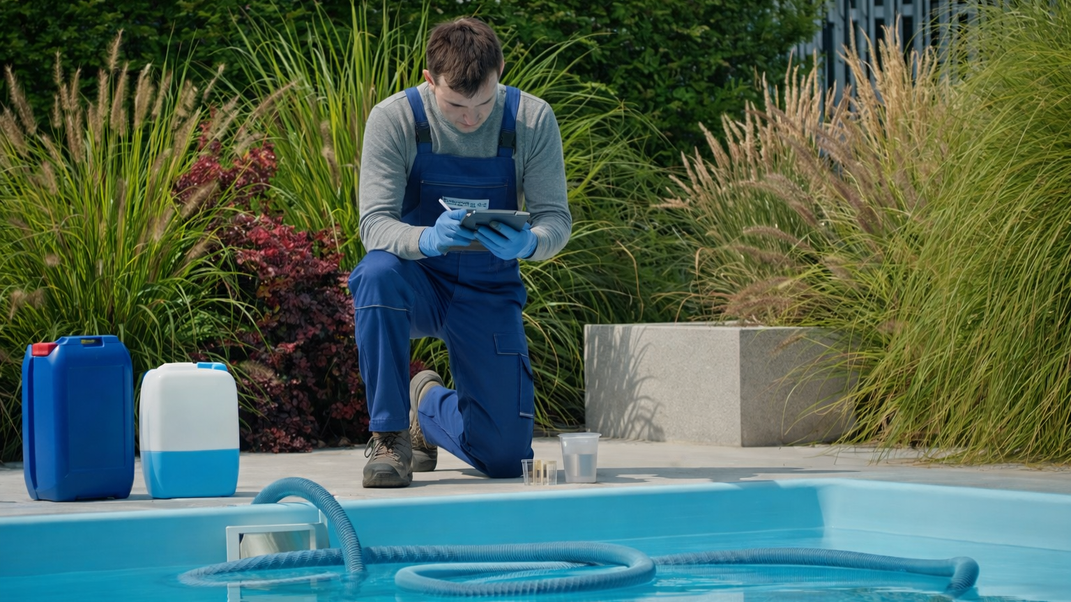 Pool technician kneeling beside a pool testing water quality